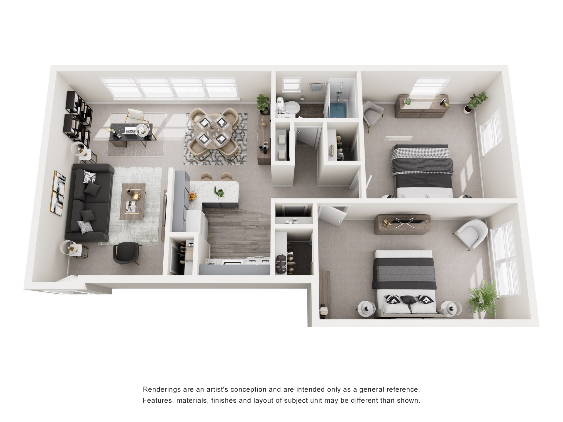 Floor plan for 2 beds, 1 bath, 726 sqft